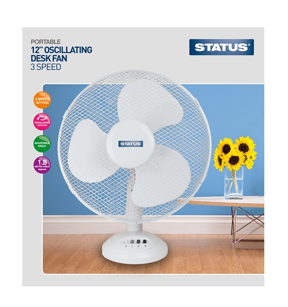 Status S12DESKFAN1PKB 435 12 Inch Oscillating Desk Fan