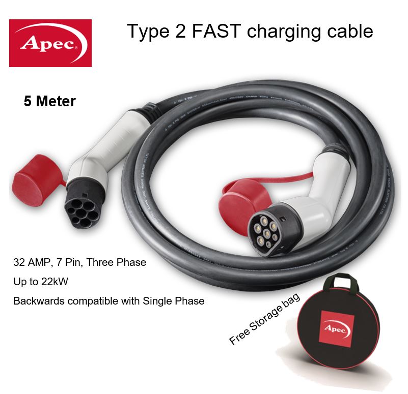 Apec EV Charging Cable, Type 2, Male to Female, Three Phase 32A 5m AEC101 [PM2059365]