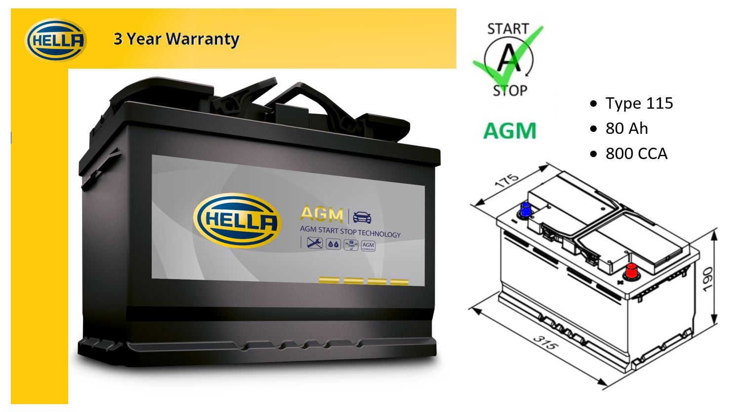 Hella HF115 AGM Car Battery