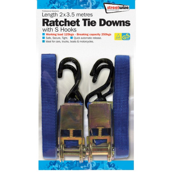 Streetwize SWTD6 2 X 3.5 Metre Ratchet Tie Down S Hooks