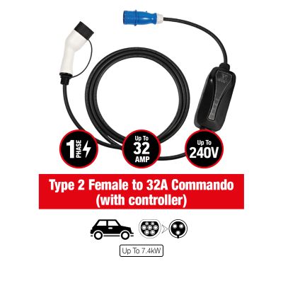 Apec EV CHARGING CABLE - 32A TYPE 2 FEMALE TO COMMANDO PLUG WITH CONTROLLER 5M AEC108 [PM2059372]