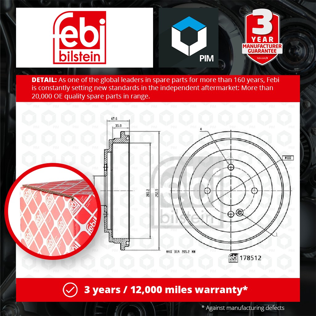 Febi 2x Brake Drums (Pair) Rear 178512 [PM2016063]