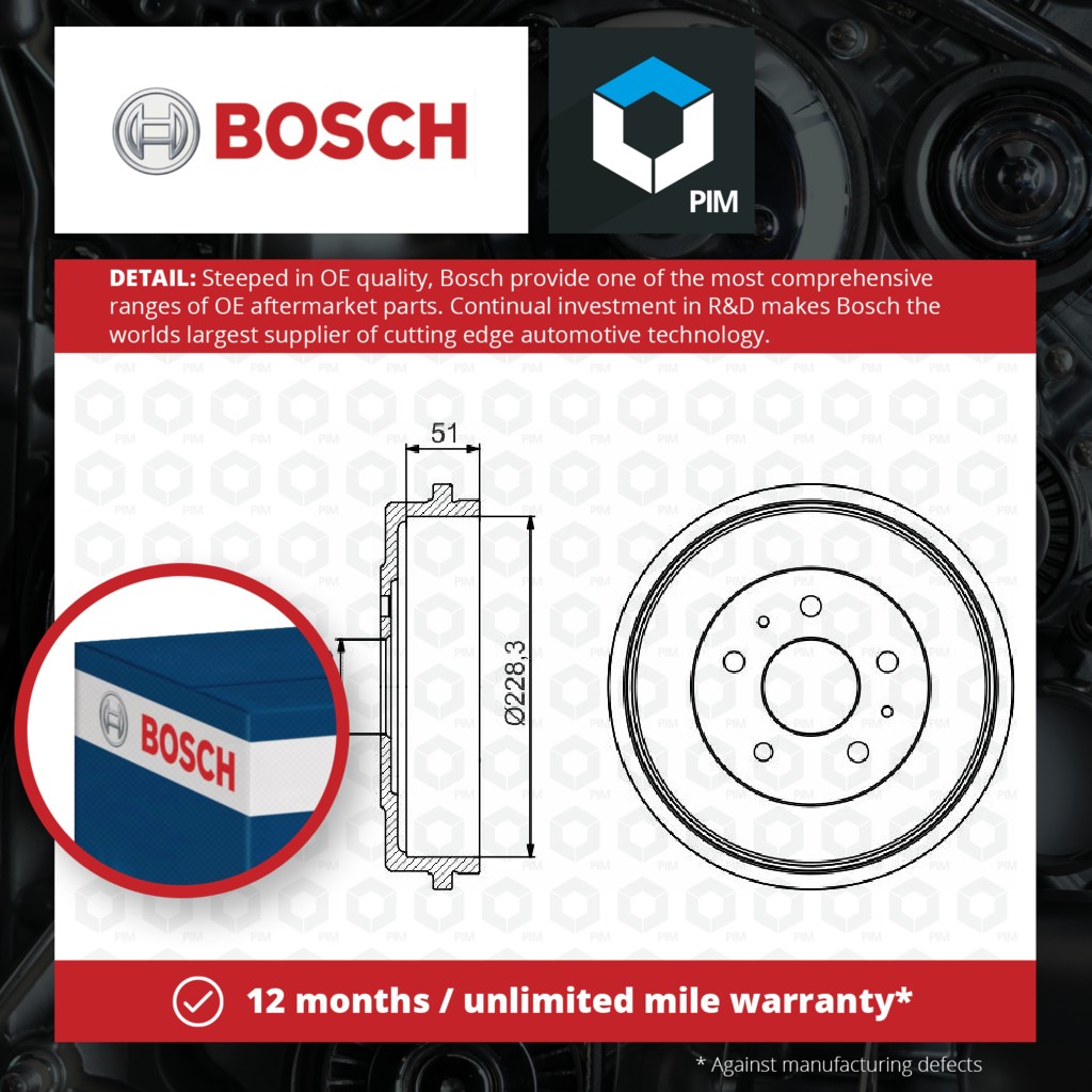 Bosch 2x Brake Drums (Pair) Rear 0986477219 [PM1114761]