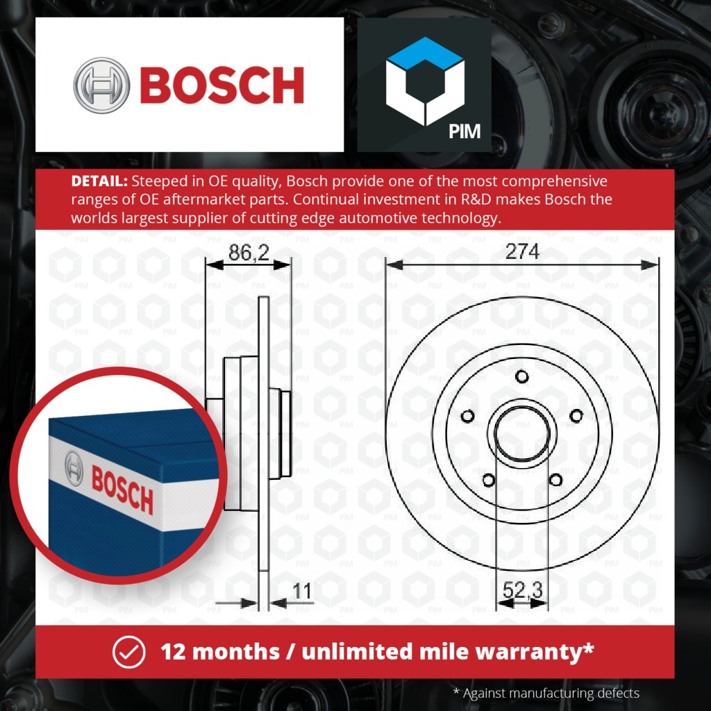 Bosch 2x Brake Discs Pair Solid Rear 0986479682 [PM419915]