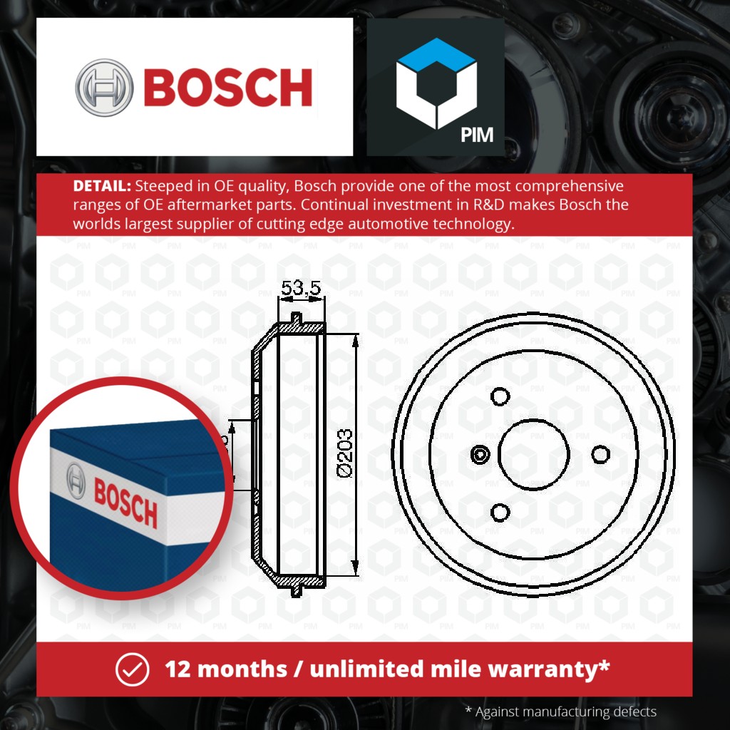 Bosch 2x Brake Drums (Pair) Rear 0986477103 [PM396488]