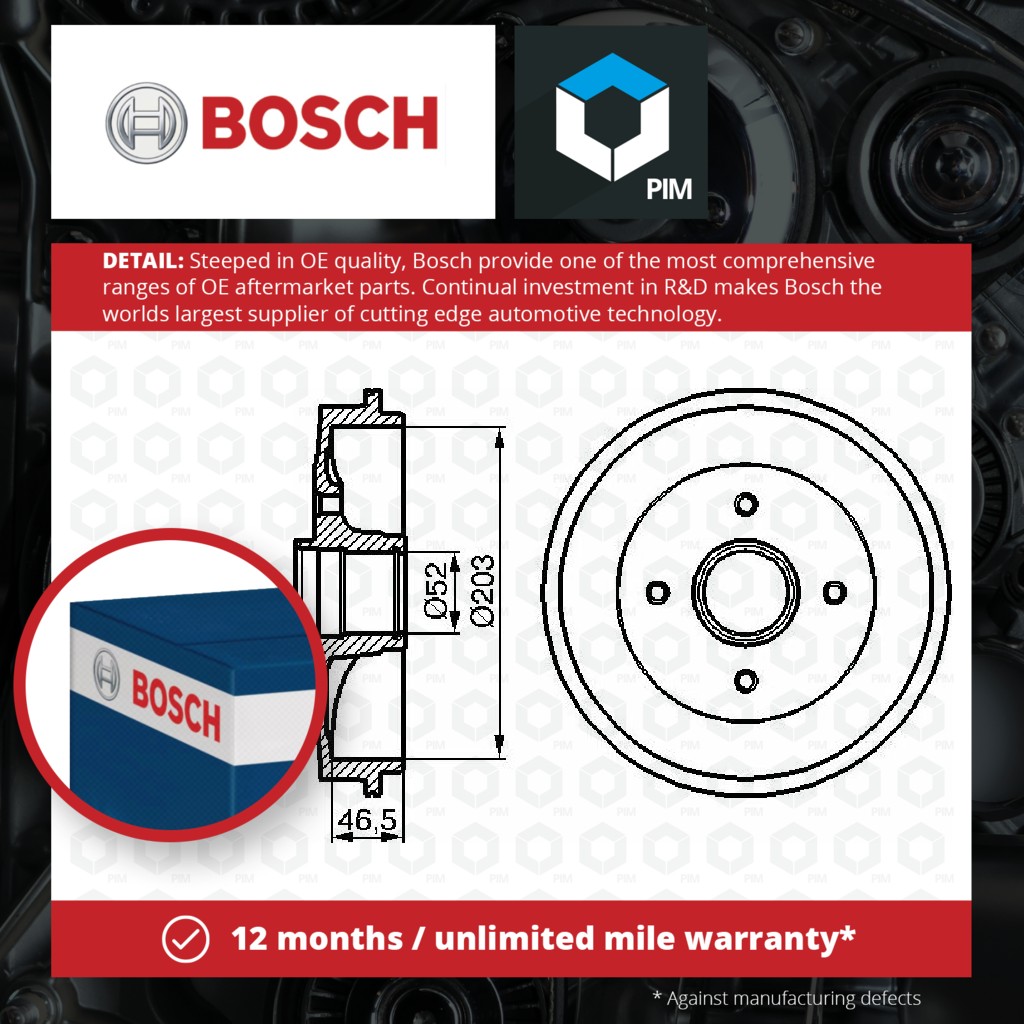 Bosch 2x Brake Drums (Pair) Rear 0986477124 [PM243190]