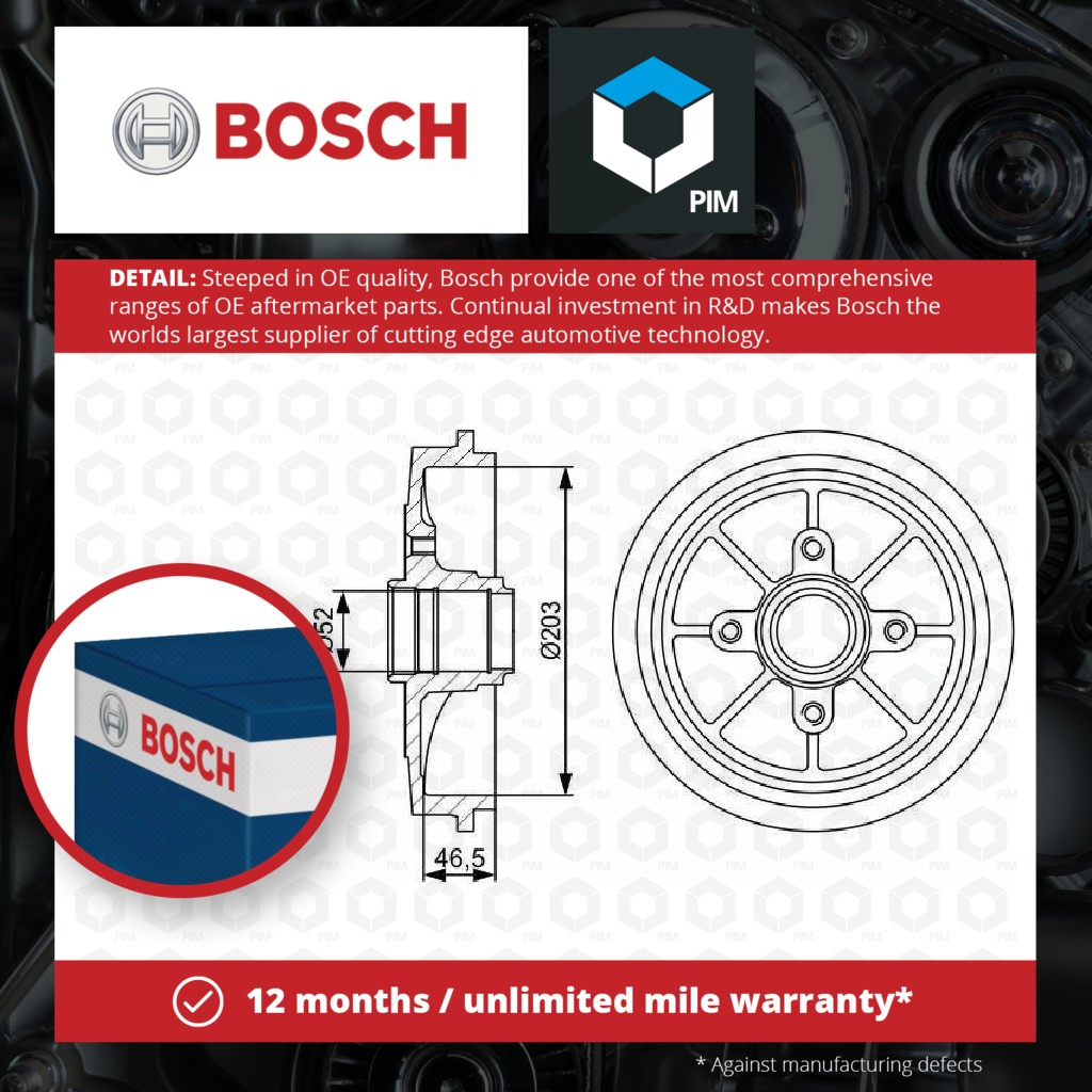 Bosch 2x Brake Drums (Pair) Rear 0986477126 [PM243184]