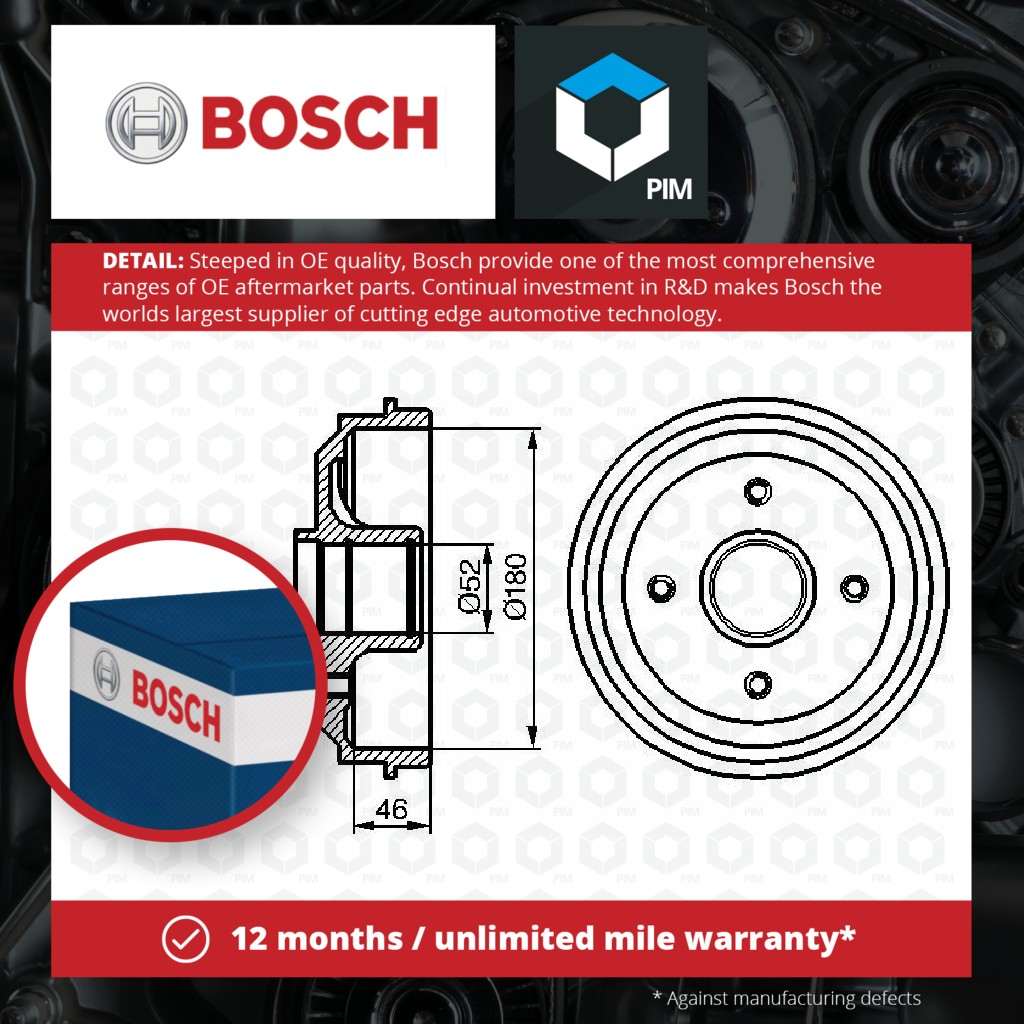Bosch 2x Brake Drums (Pair) Rear 0986477116 [PM243167]