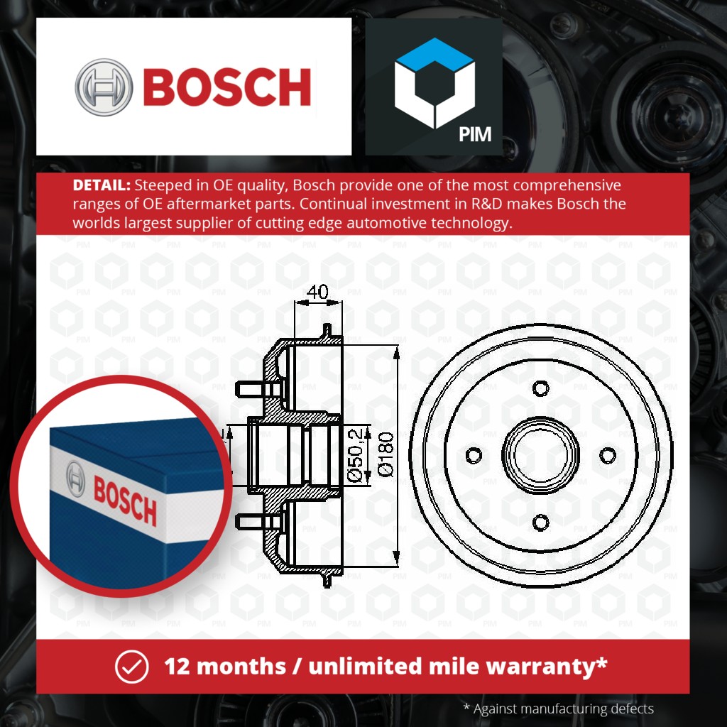 Bosch 2x Brake Drums (Pair) Rear 0986477099 [PM242940]