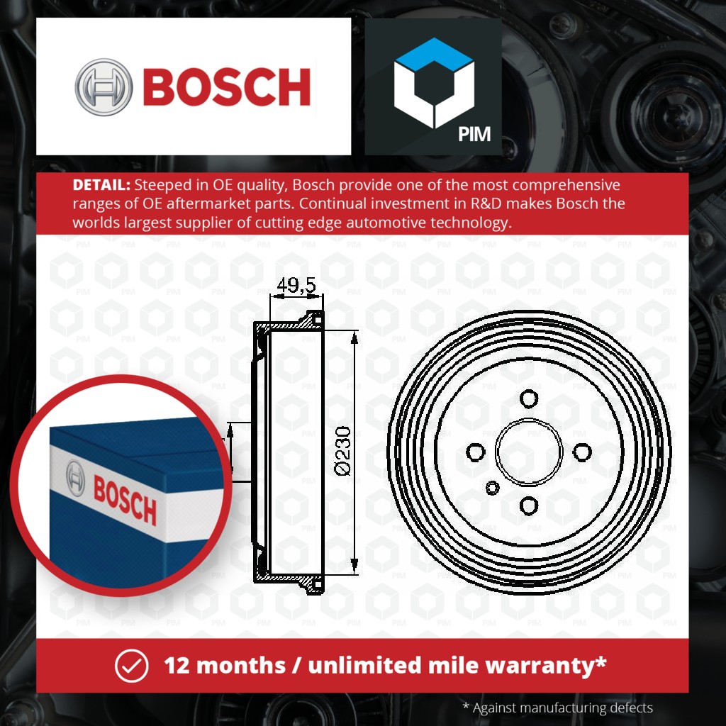Bosch 2x Brake Drums (Pair) Rear 0986477100 [PM242127]