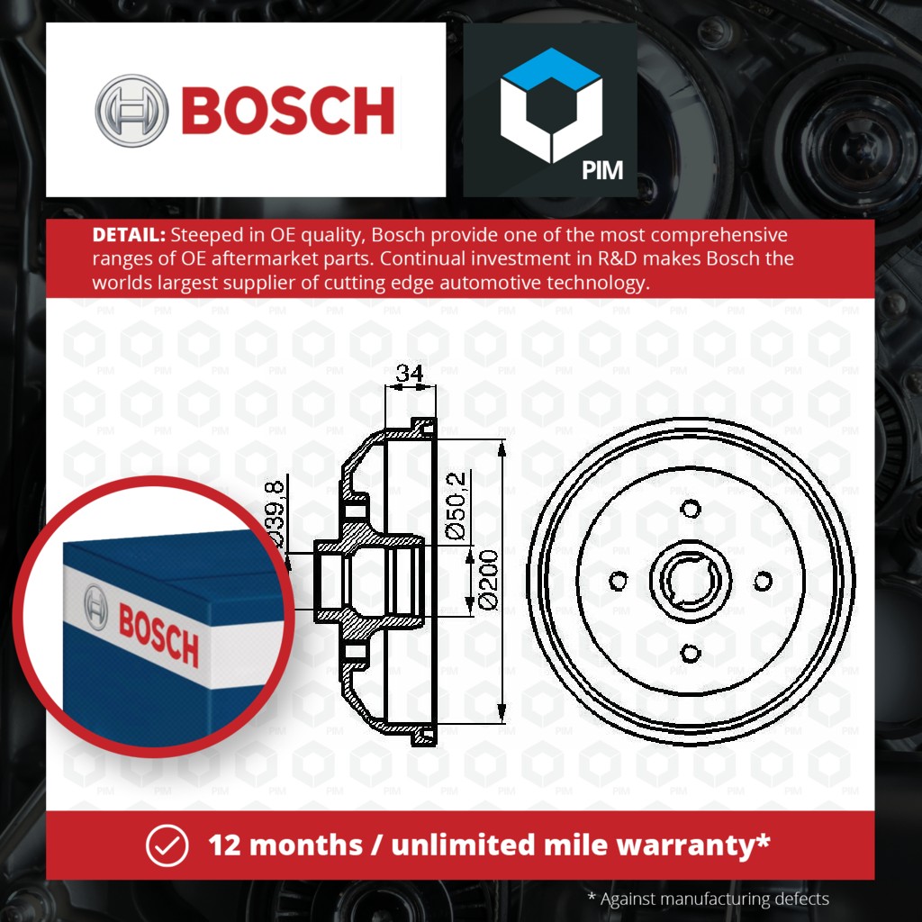 Bosch 2x Brake Drums (Pair) Rear 0986477040 [PM241517]
