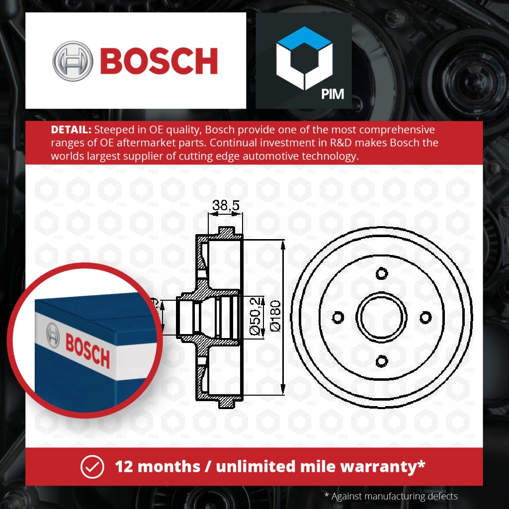 Bosch 2x Brake Drums (Pair) Rear 0986477002 [PM241099]