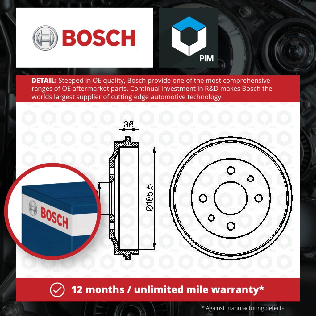 Bosch 2x Brake Drums (Pair) Rear 0986477055 [PM240939]