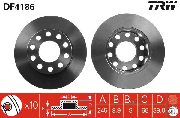 TRW DF4186 2x Brake Discs Pair Solid