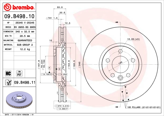 Brembo Brake Disc Single Vented Front 09.B498.11 [PM2239938]