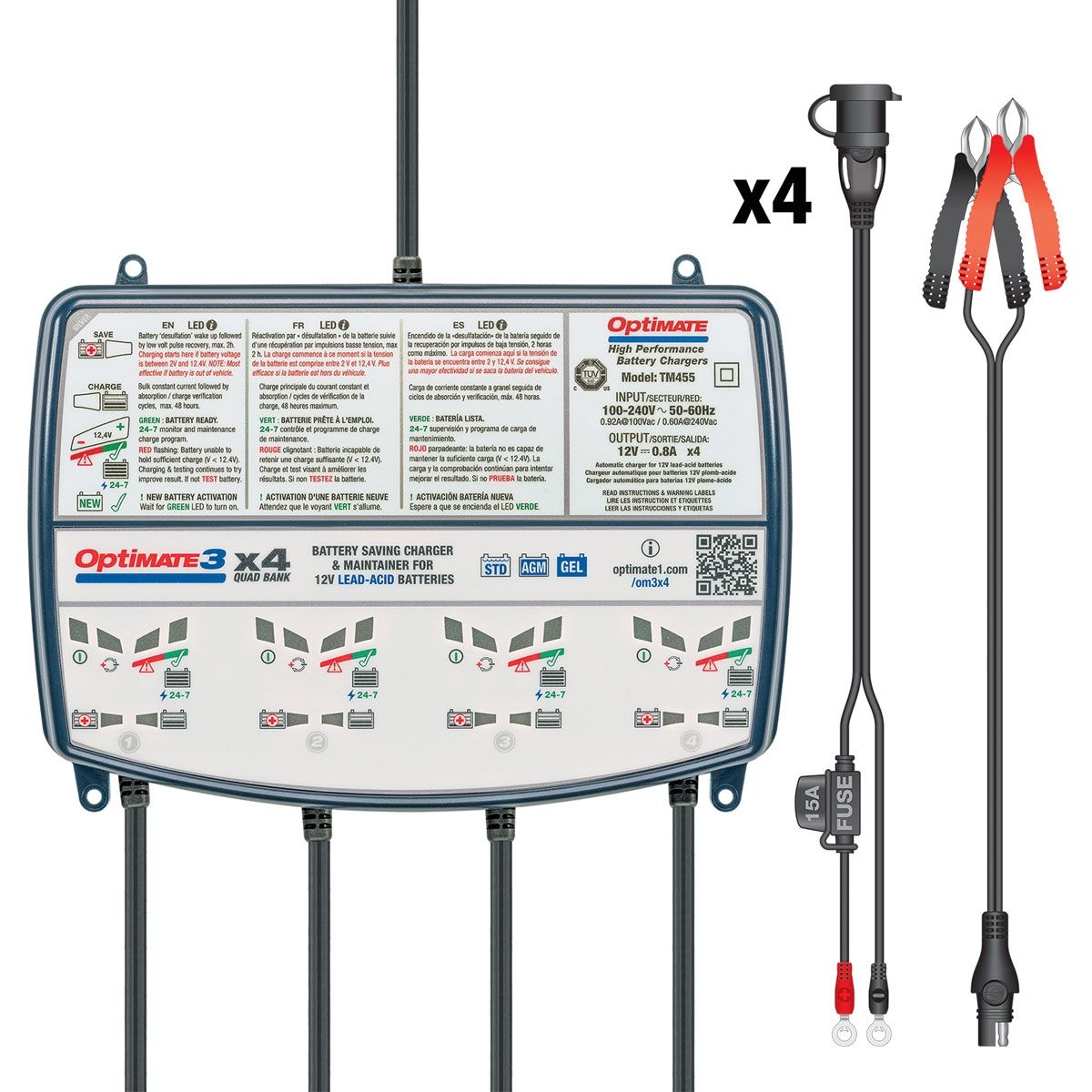 Optimate 3 X4 Quad Bank 12V 0.8A  Motorcycle Battery Charger & Optimiser TM456/TM-454BS