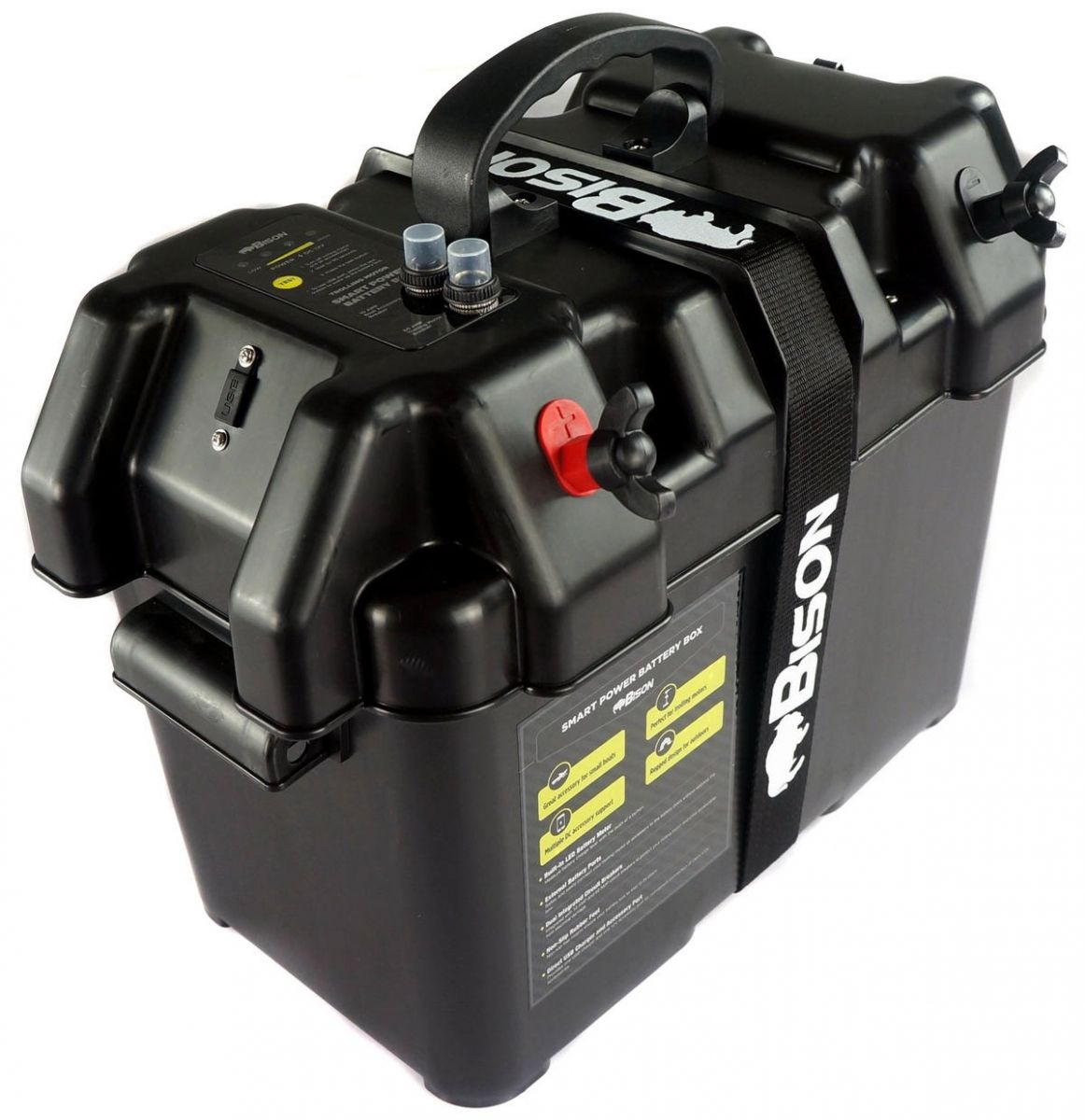 Bison Battery Box with USB Charger, LED Meter, Breaker & 12V Socket