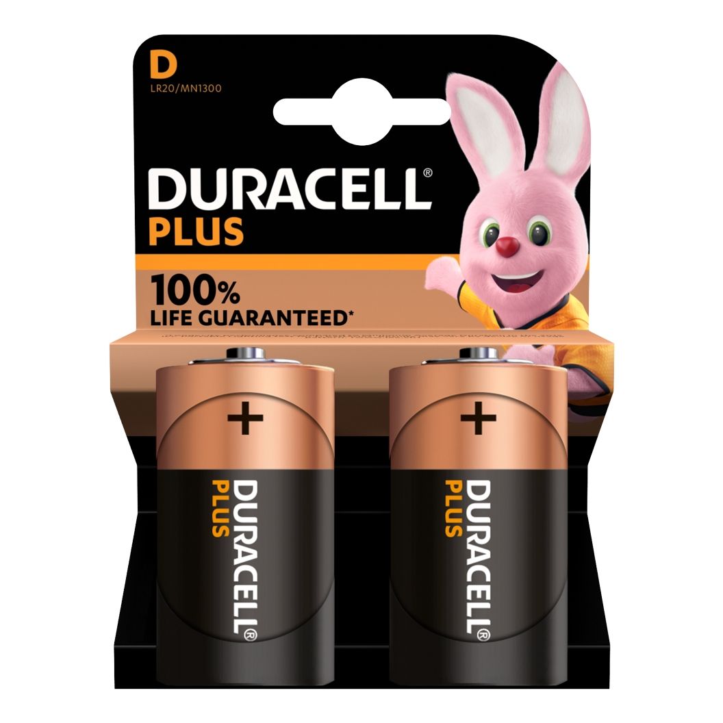 2x Duracell Plus D Batteries MN1300B2