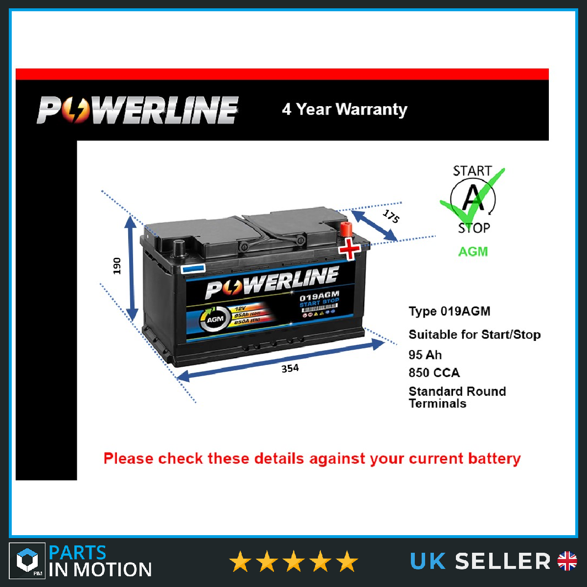 Powerline AGM Car Battery 019AGM [PM2460681]