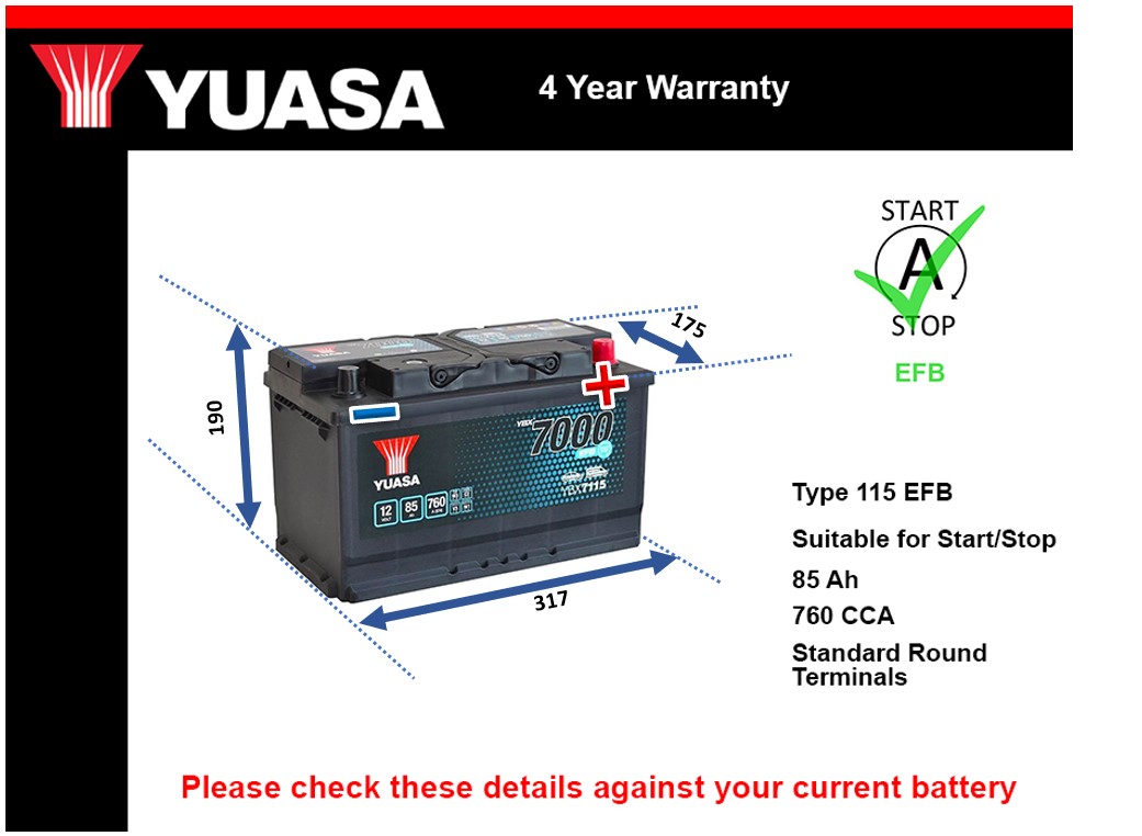 Yuasa YBX7115 EFB Car Battery