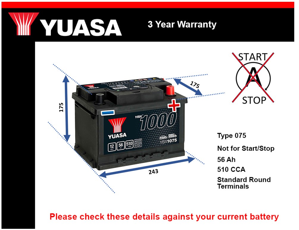 Yuasa YBX1075 Car Battery