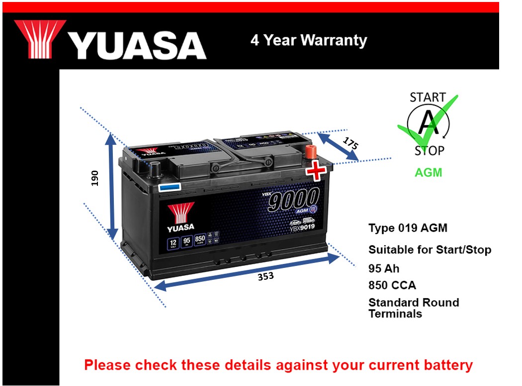 Yuasa YBX9019 AGM Car Battery