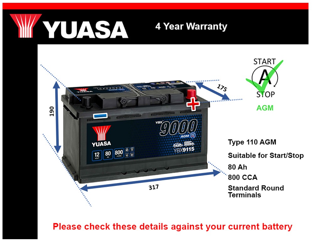 Yuasa YBX9115 AGM Car Battery