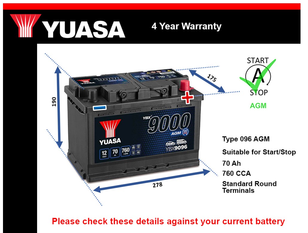 Yuasa YBX9096 AGM Car Battery