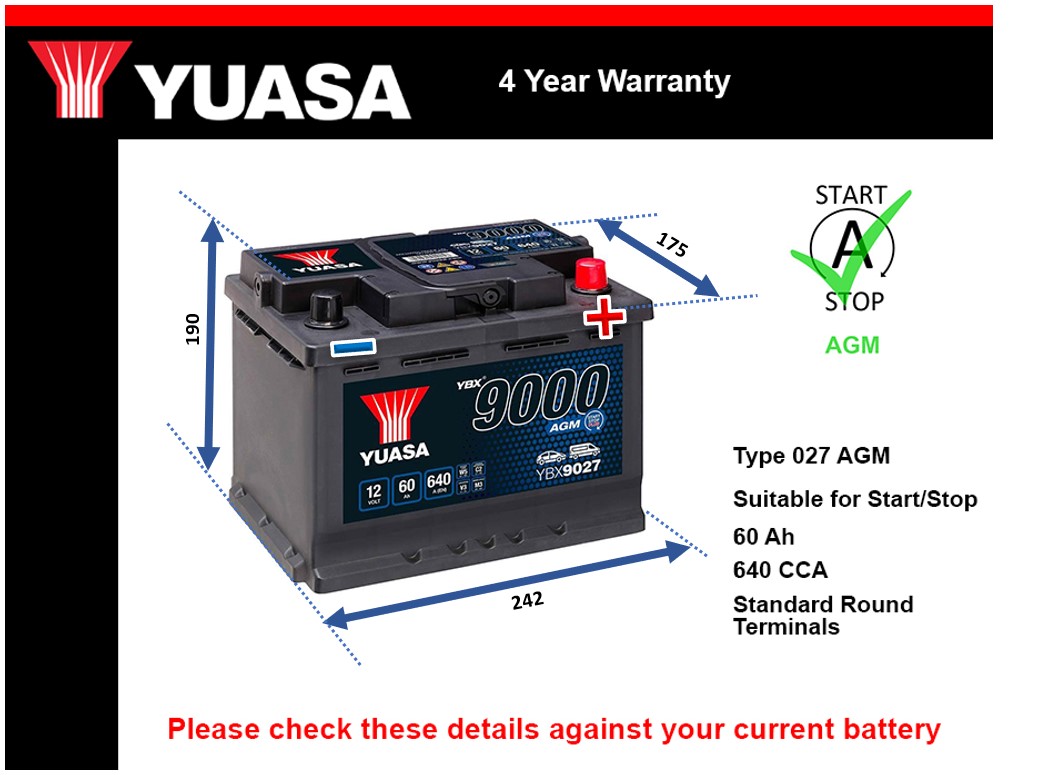 Yuasa YBX9027 AGM Car Battery