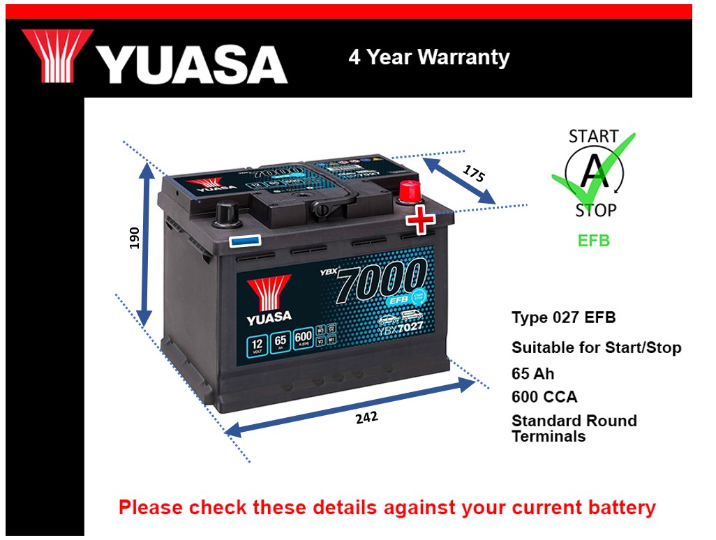 Yuasa YBX7027 EFB Car Battery