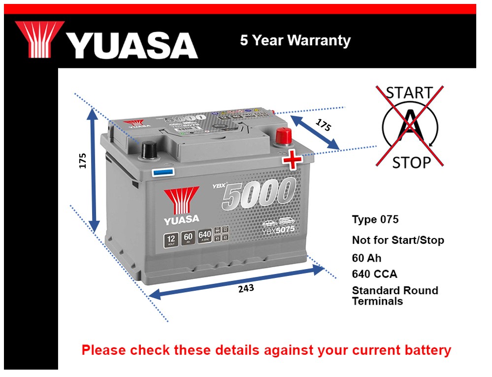 Yuasa YBX5075 Car Battery