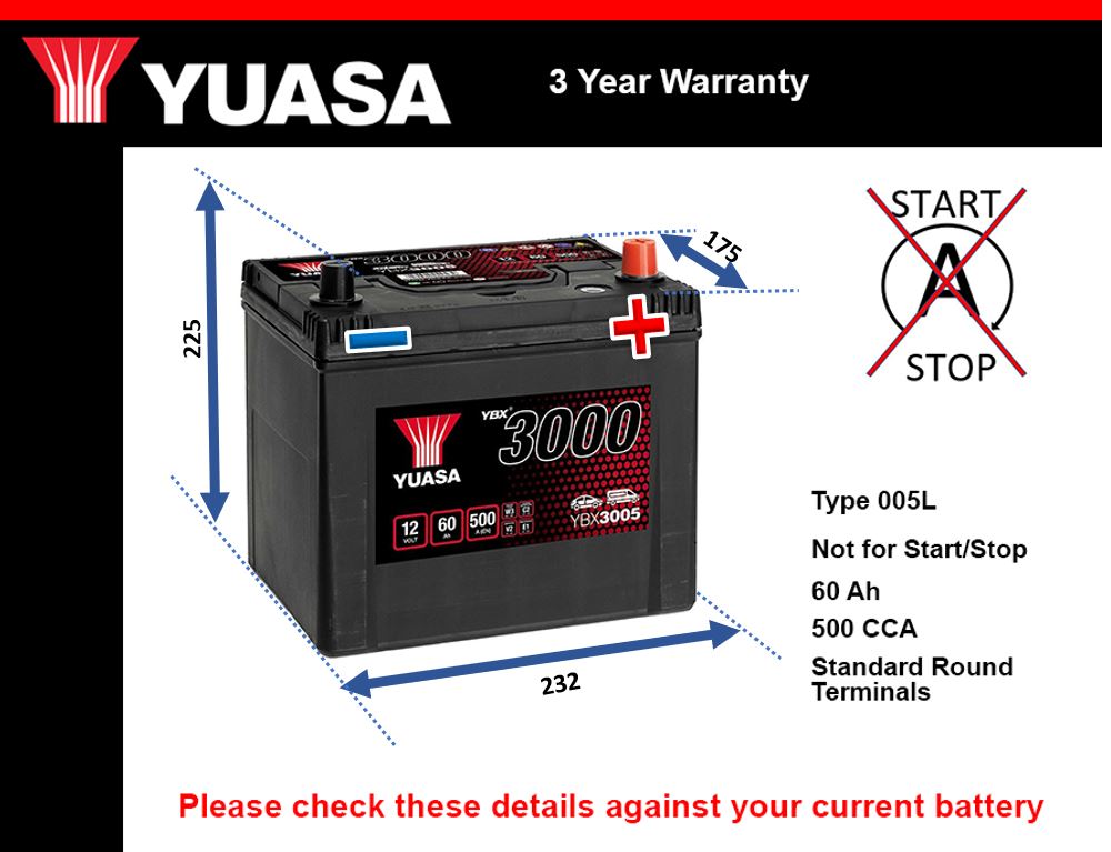 Yuasa YBX3005 Car Battery