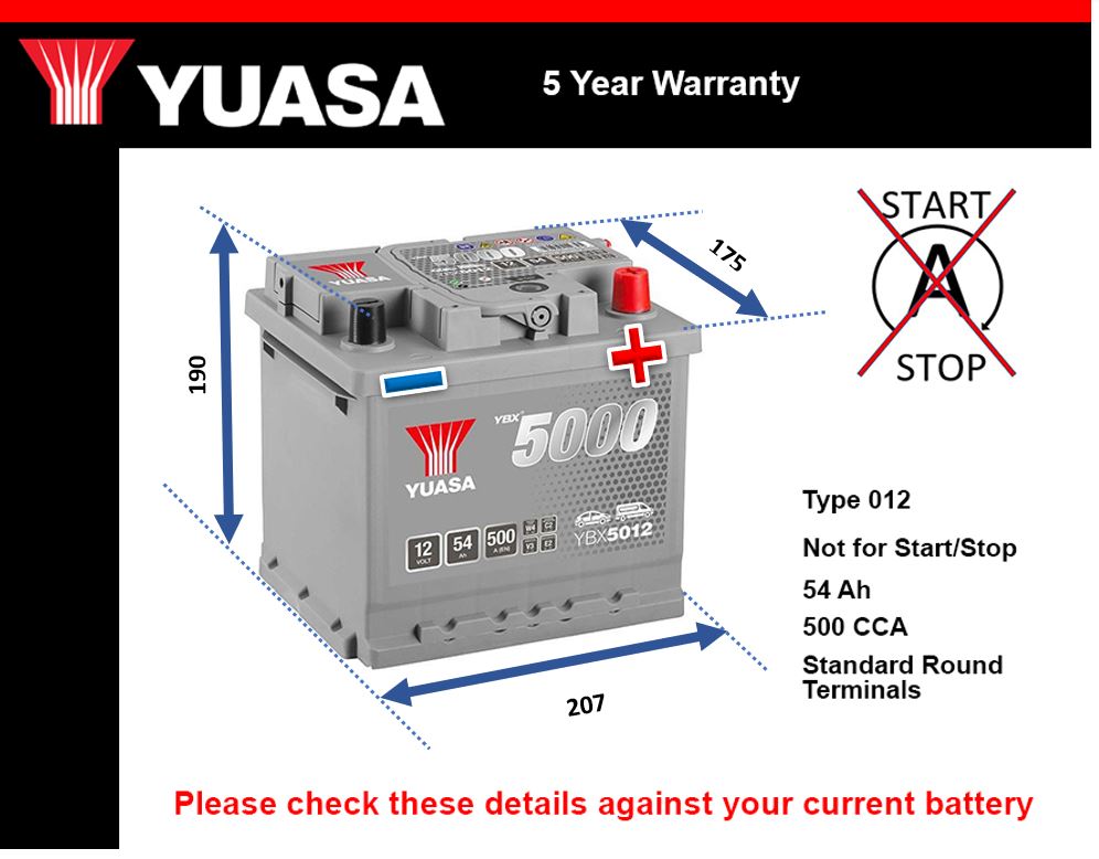 Yuasa YBX5012 Car Battery