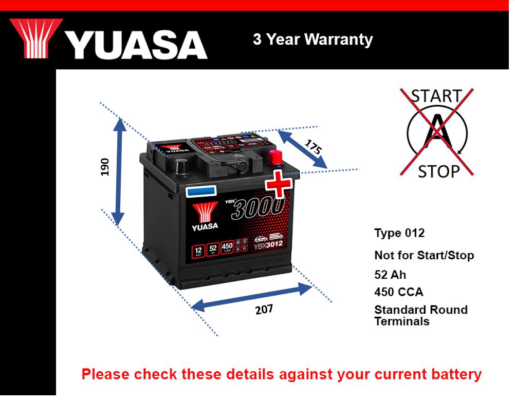 Yuasa YBX3012 Car Battery