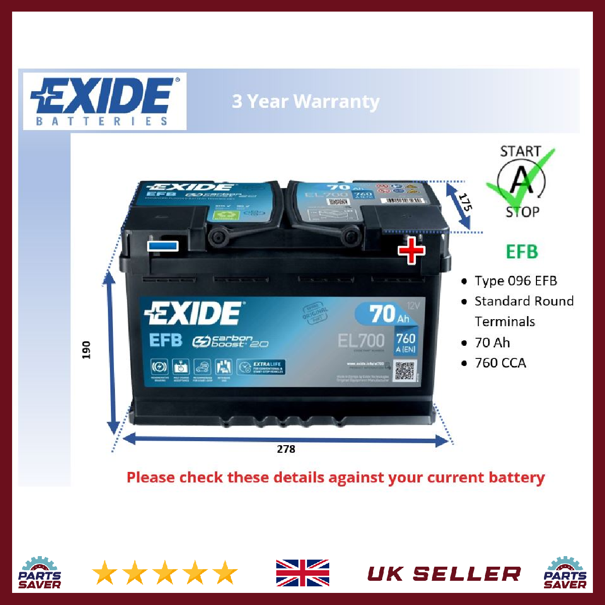 Exide EFB Car Battery EL700 [PM400526]