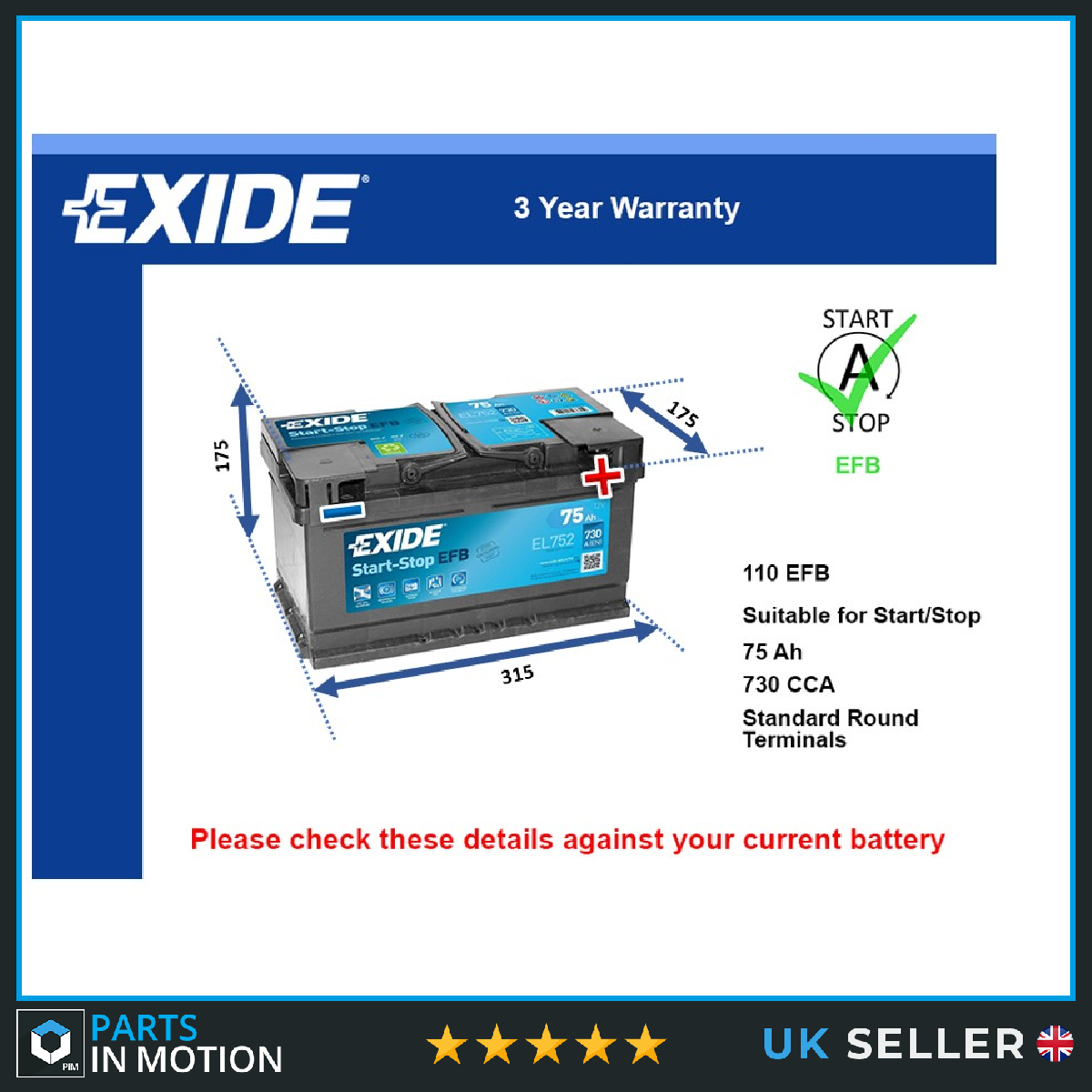 Exide Car Battery EL752 [PM2386678]