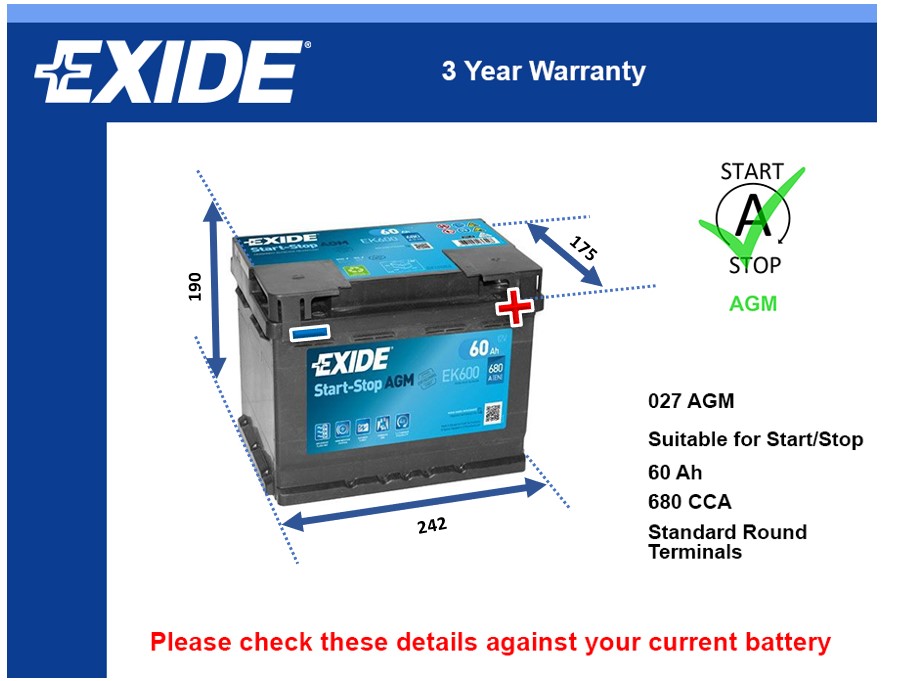 Exide EK600 AGM Car Battery