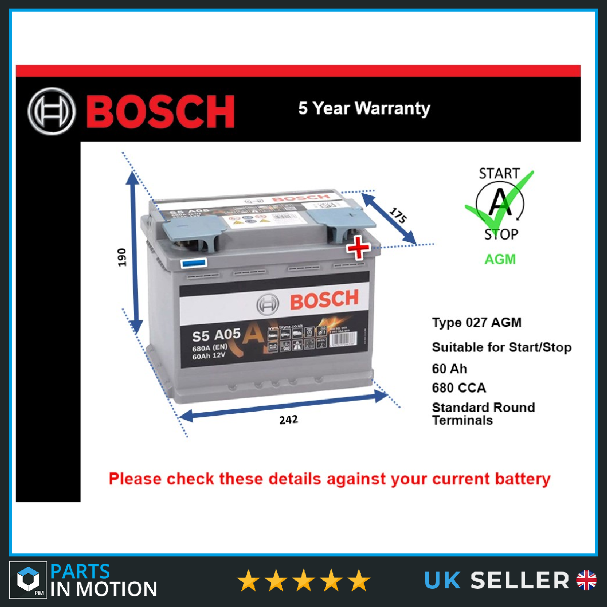 Bosch AGM Car Battery 0092S5A050 [PM1252832]