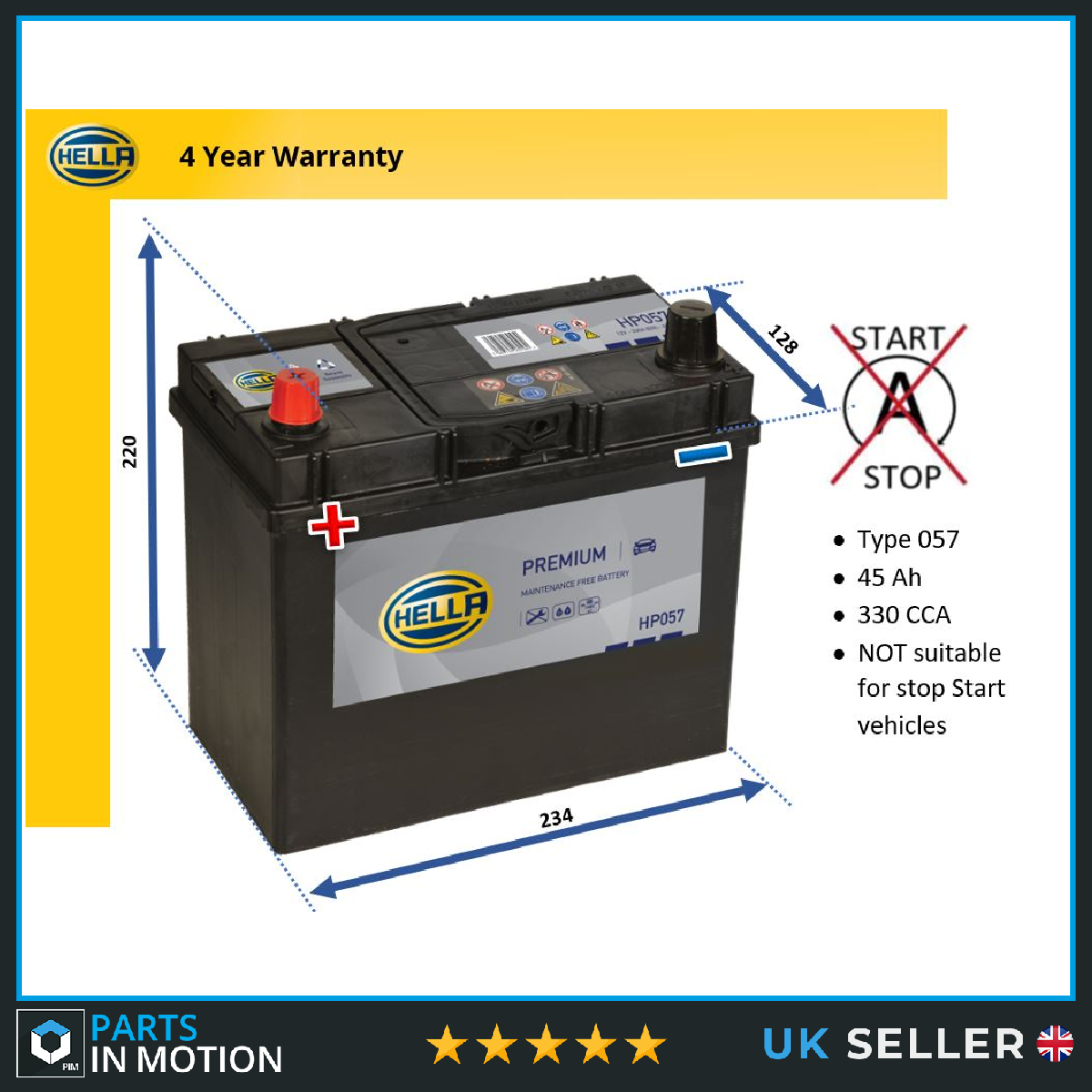 Battery fits LOTUS EUROPA 1.5 1.6 66 to 76 Hella 049 330A 45Ah 4Yr Warranty New - Image 2