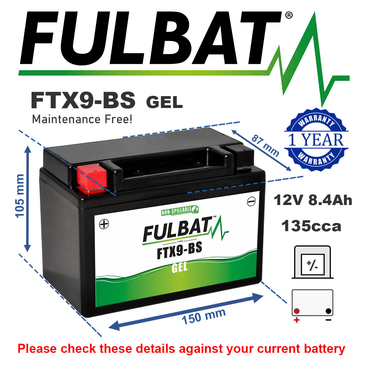 Fulbat FTX9-BS GEL GEL Motorcycle Battery