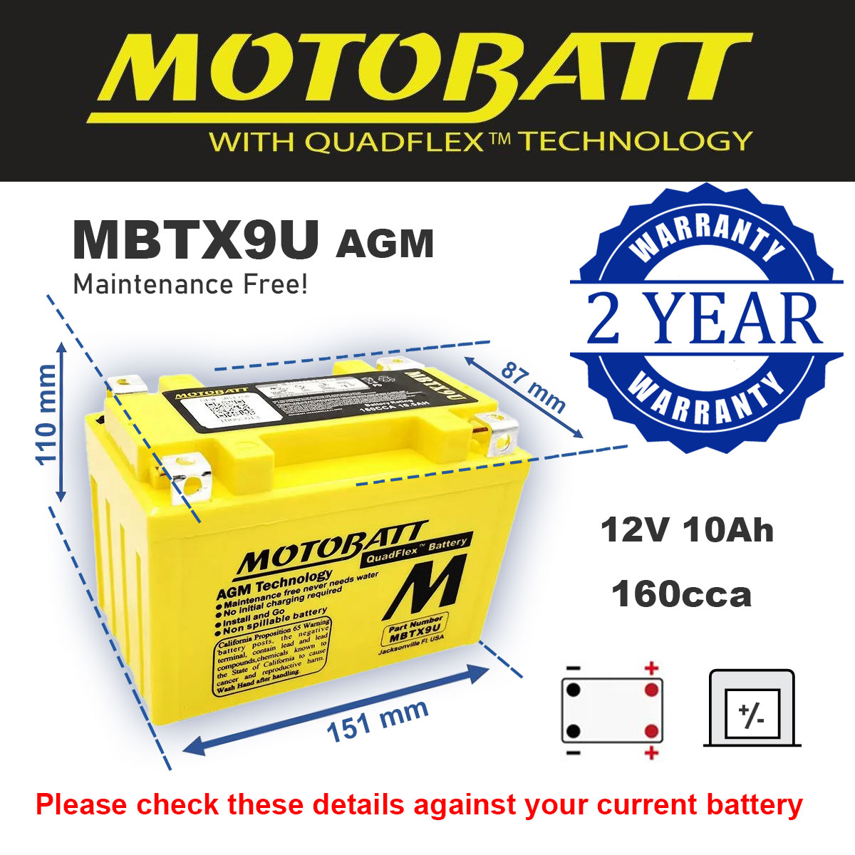 Motobatt MBTX9U AGM Motorcycle Battery