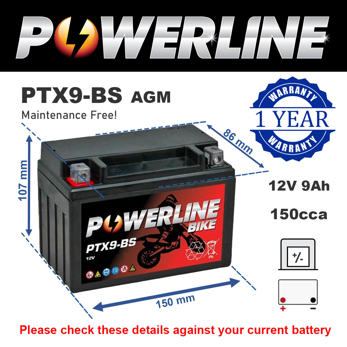 Powerline PTX9-BS AGM Motorcycle Battery