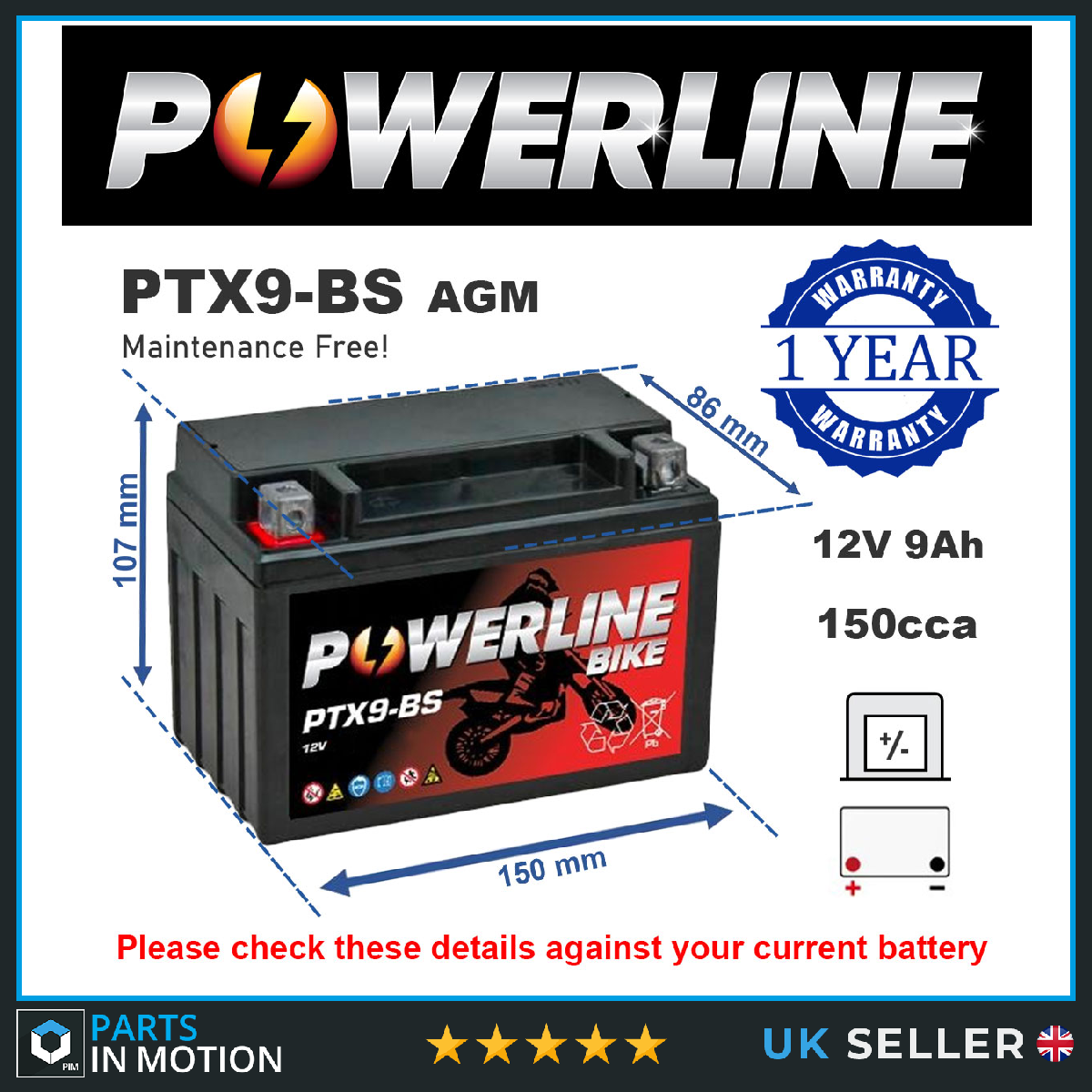 Replaces YTX9-BS Motorcycle Battery YTX9 AGM Motorbike Battery 12v