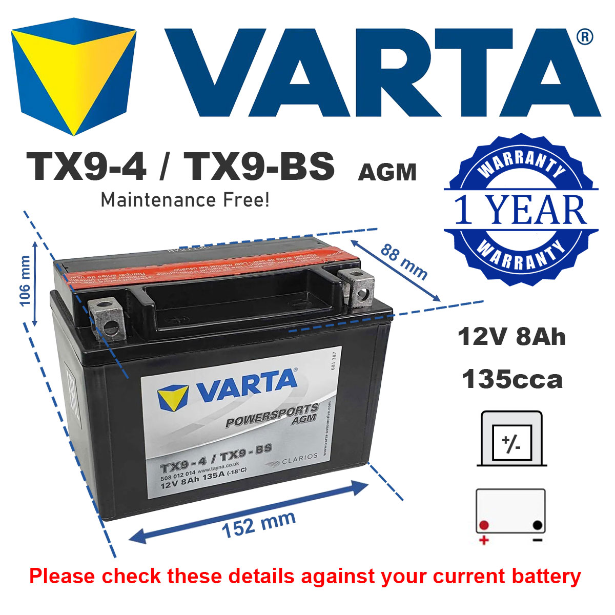 Varta 508012014I314 AGM Motorcycle Battery