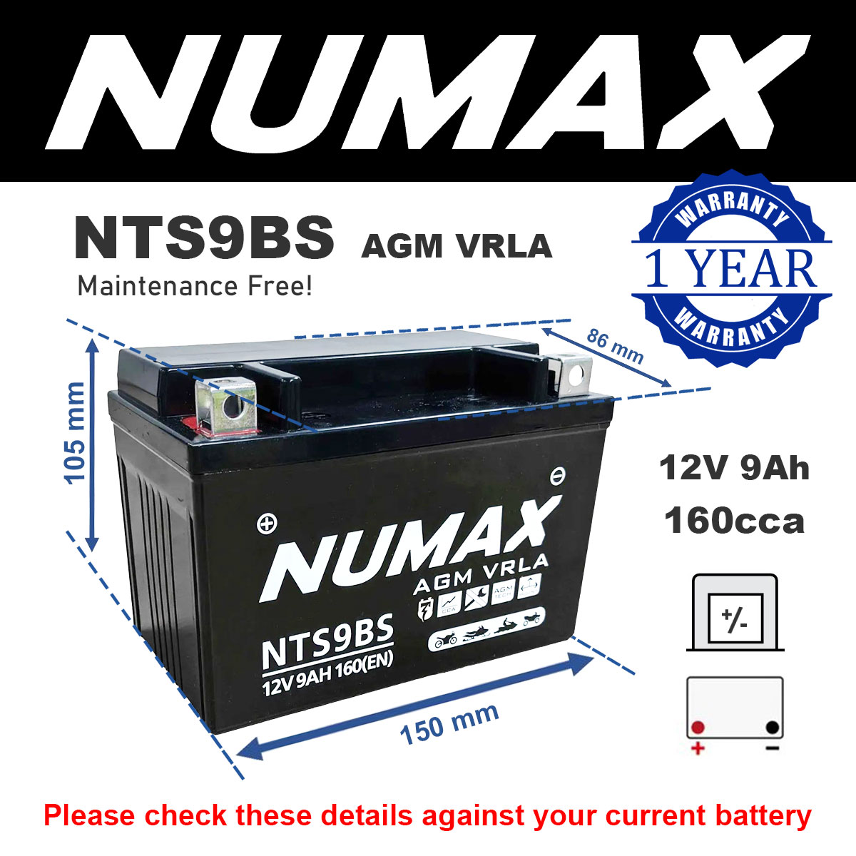 Numax NTS9BS AGM Motorcycle Battery