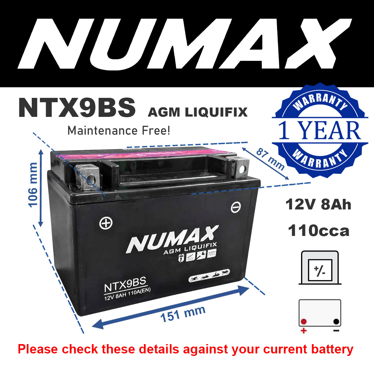 Numax NTX9BS AGM Motorcycle Battery