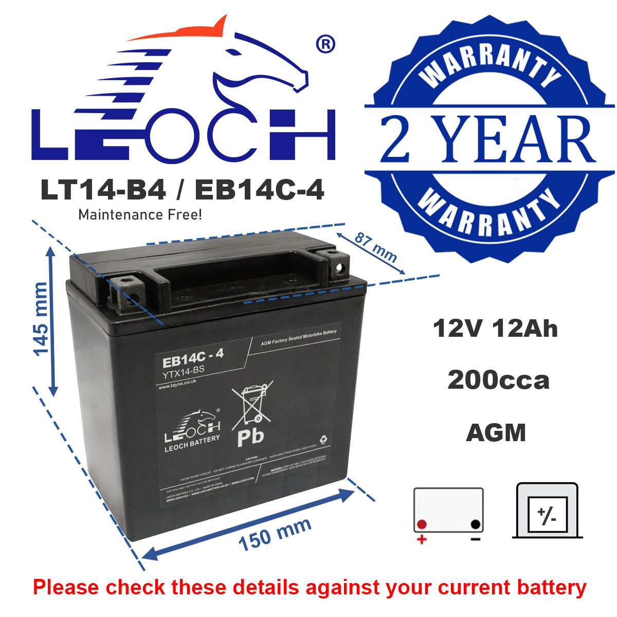 Leoch EB14C-4 AGM Motorcycle Battery