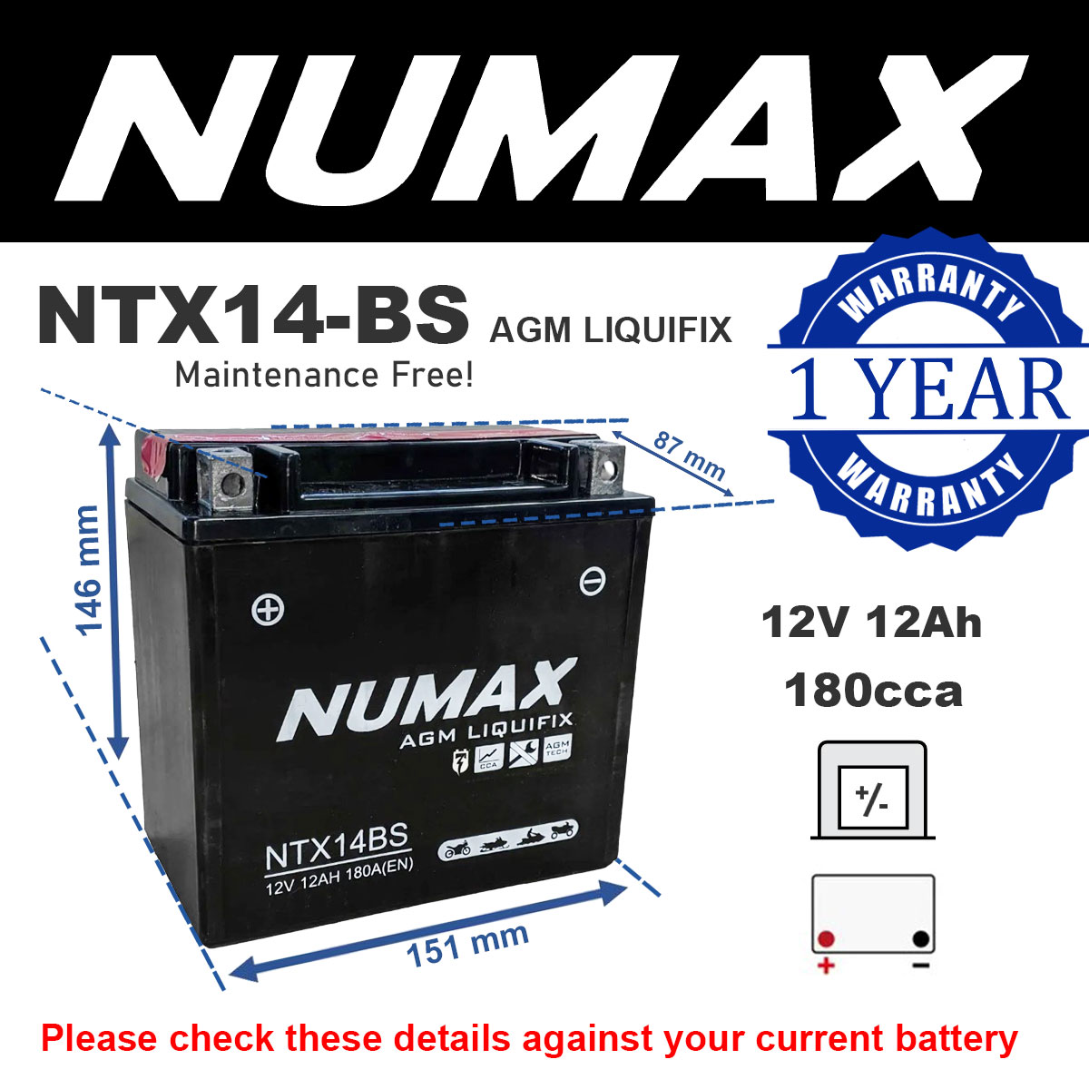 Numax NTX14BS AGM Motorcycle Battery