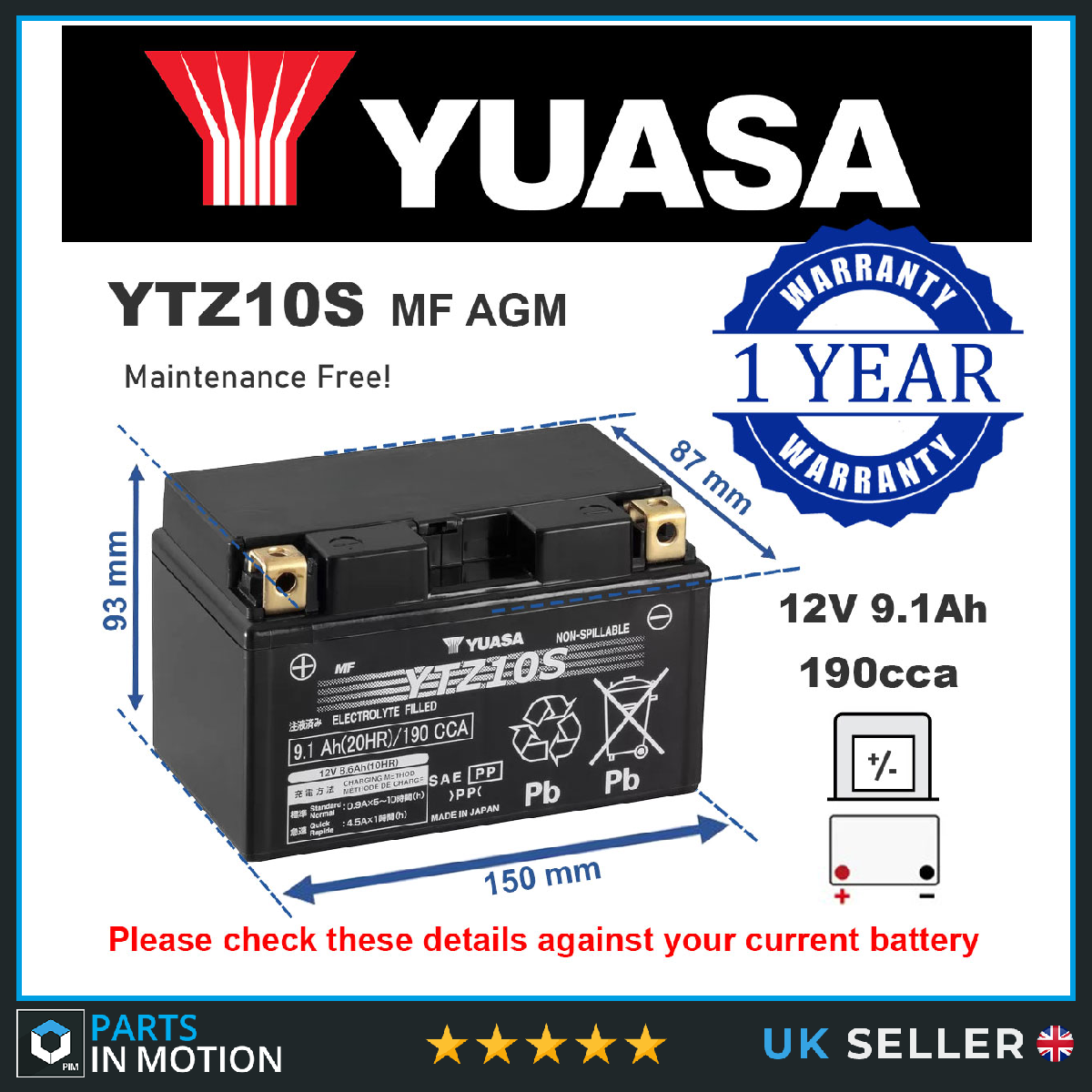 Yuasa AGM Motorcycle Battery YTZ10S [PM2410703]