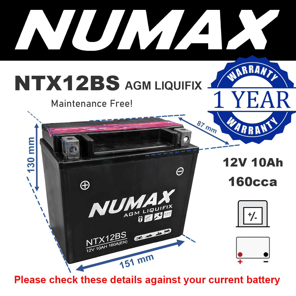 Numax NTX12BS AGM Motorcycle Battery